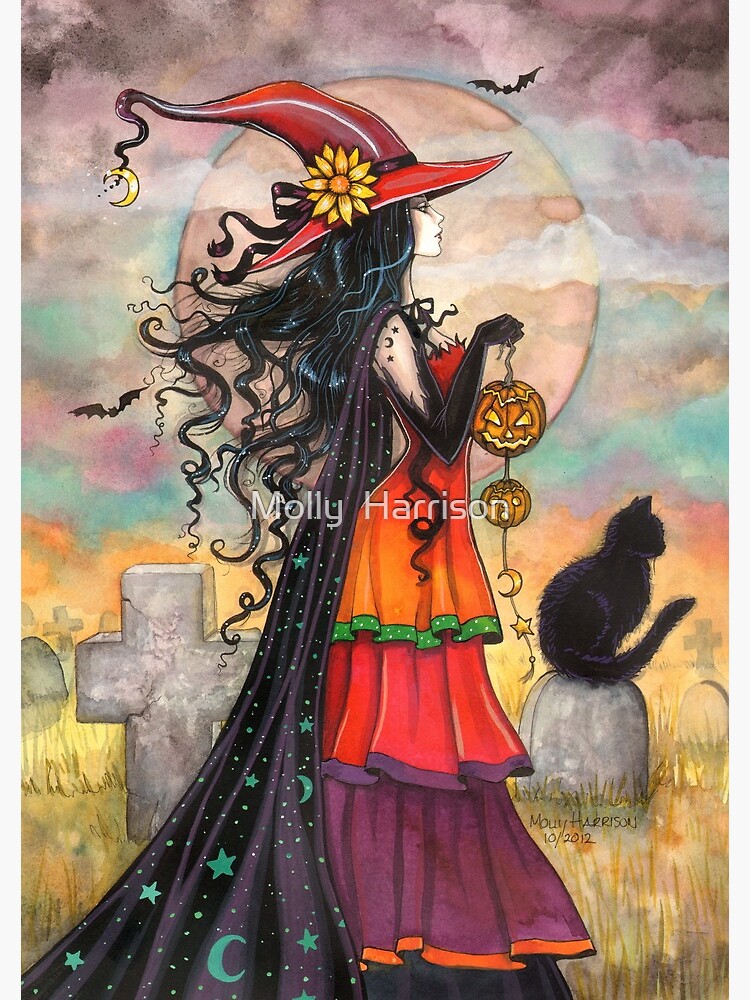 Thumbnail 3 of 3, Journal, Witch Way Halloween Witch and Black Cat Fantasy Art designed and sold by robmolily.