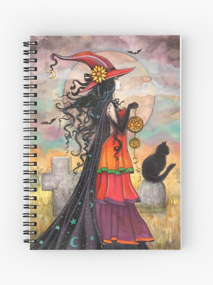 Thumbnail 1 of 3, Journal, Witch Way Halloween Witch and Black Cat Fantasy Art designed and sold by robmolily.