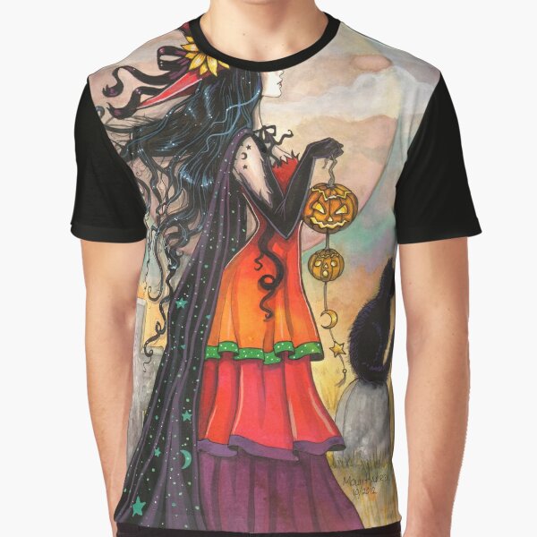 Witch Way Halloween Witch and Black Cat Fantasy Art Graphic T-Shirt
