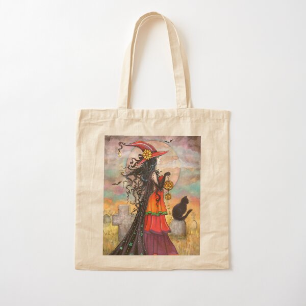 Witch Way Halloween Witch and Black Cat Fantasy Art Cotton Tote Bag