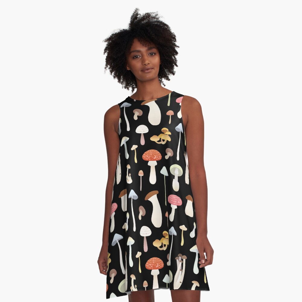 Dreamy Mushroom Pattern in Black A-Line Dress