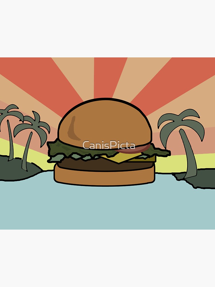 Thumbnail 3 of 3, Sticker, "Food Paradise" Hamburger Burger Foodie Food Sun Beach Water Palm Trees designed and sold by CanisPicta.