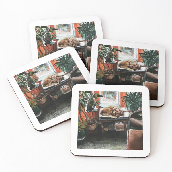 Item preview, Cozy Dog Laying on Sofa Next to Houseplants in Acrylic designed and sold by bearalpha.