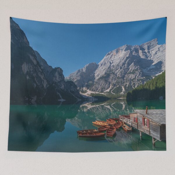 Item preview, The Seekofel mountains and wooden boats reflected in the waters of Lake Braies designed and sold by brambillasimone.