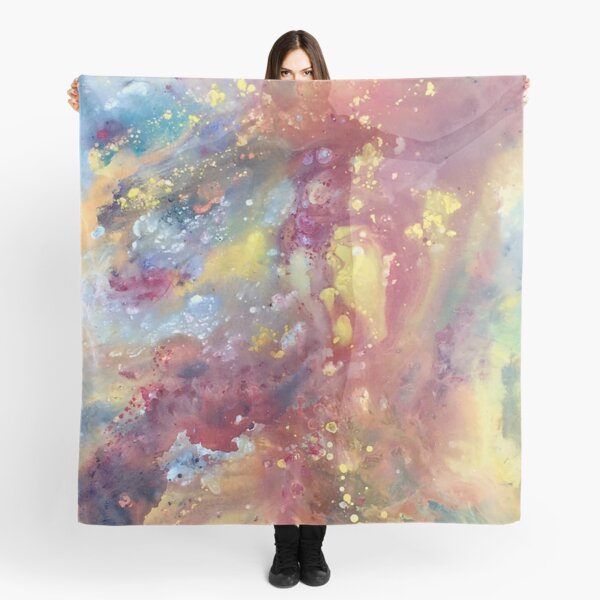 Abstract Galaxy Painting in Red, Yellow, and Rainbow Scarf