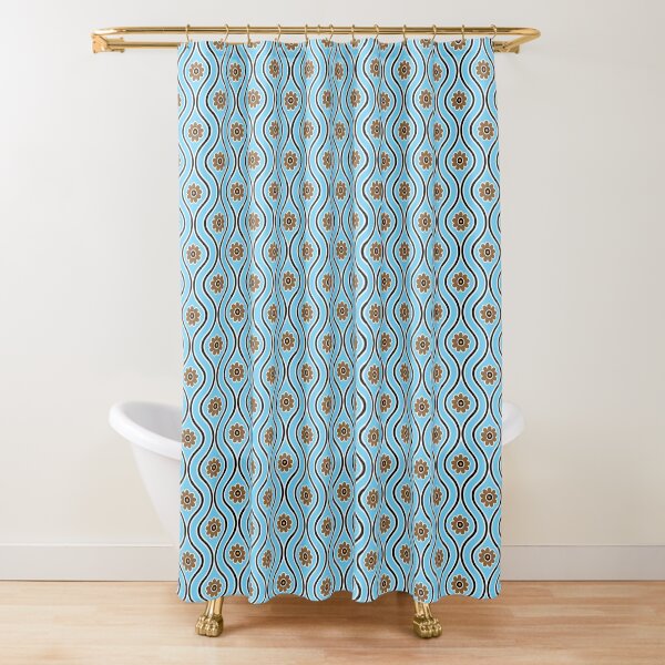 "1970s Retro Vintage Blue Flower Power Pattern" Shower Curtain for Sale