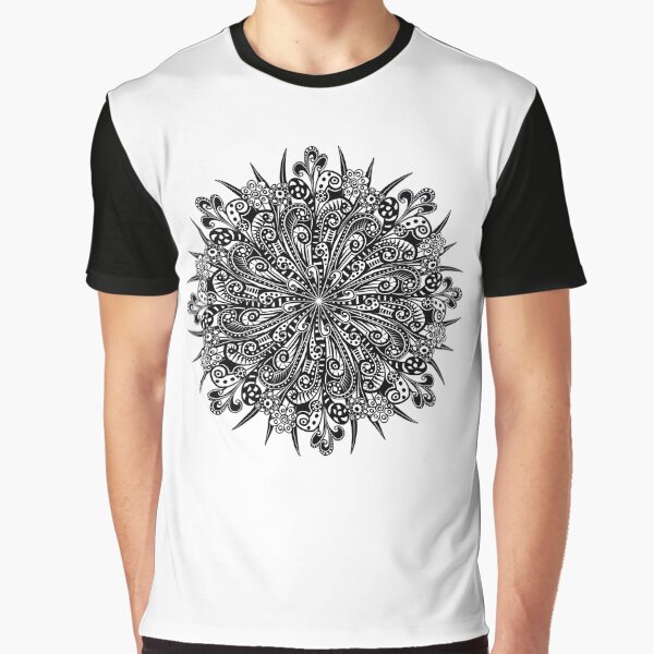 "Fern Fronds and Flowers" | Black and White Mandala Graphic T-Shirt