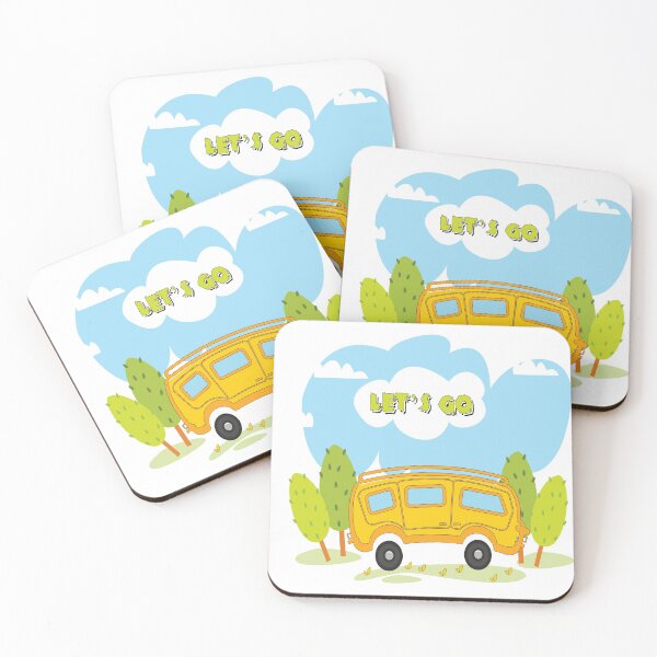 Item preview, yellow bus with lets go word ,cartoon background blue sky with trees in kids environment for kids game, designed and sold by adee1122.