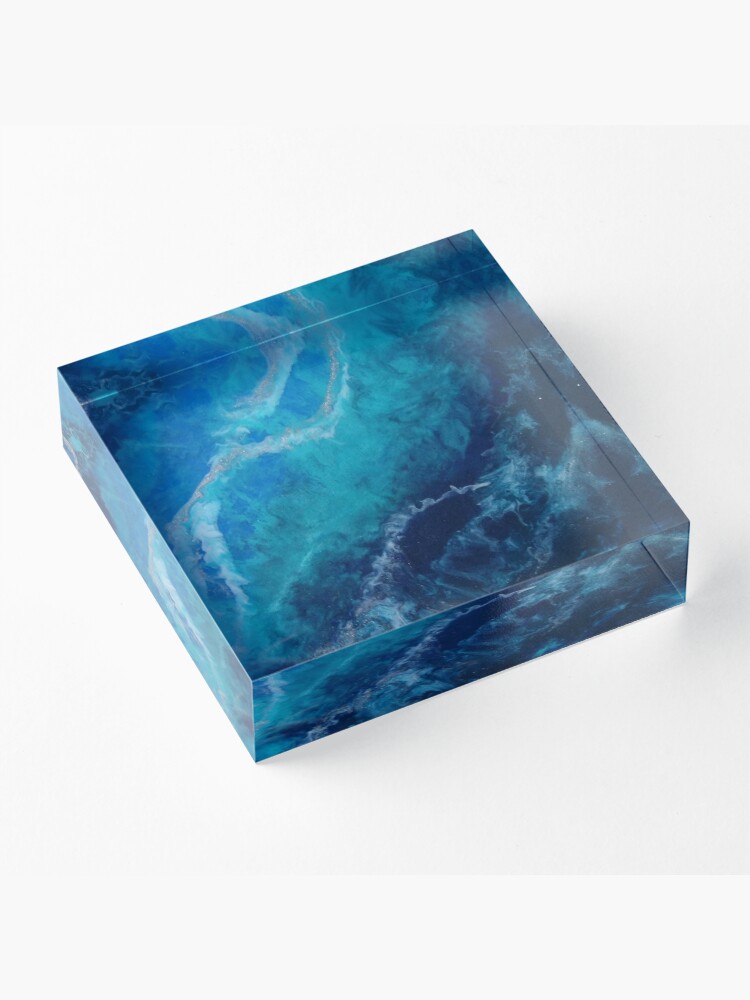 Alternate view of Blue Turquoise and Silver Original Abstract Fluid Art Acrylic Block