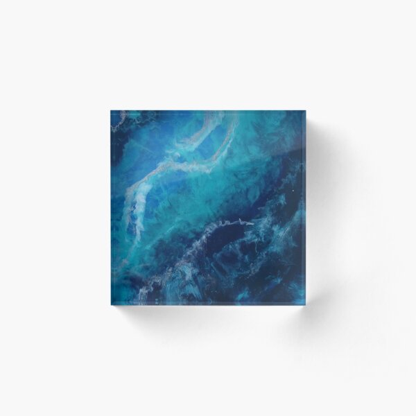 Blue Turquoise and Silver Original Abstract Fluid Art Acrylic Block
