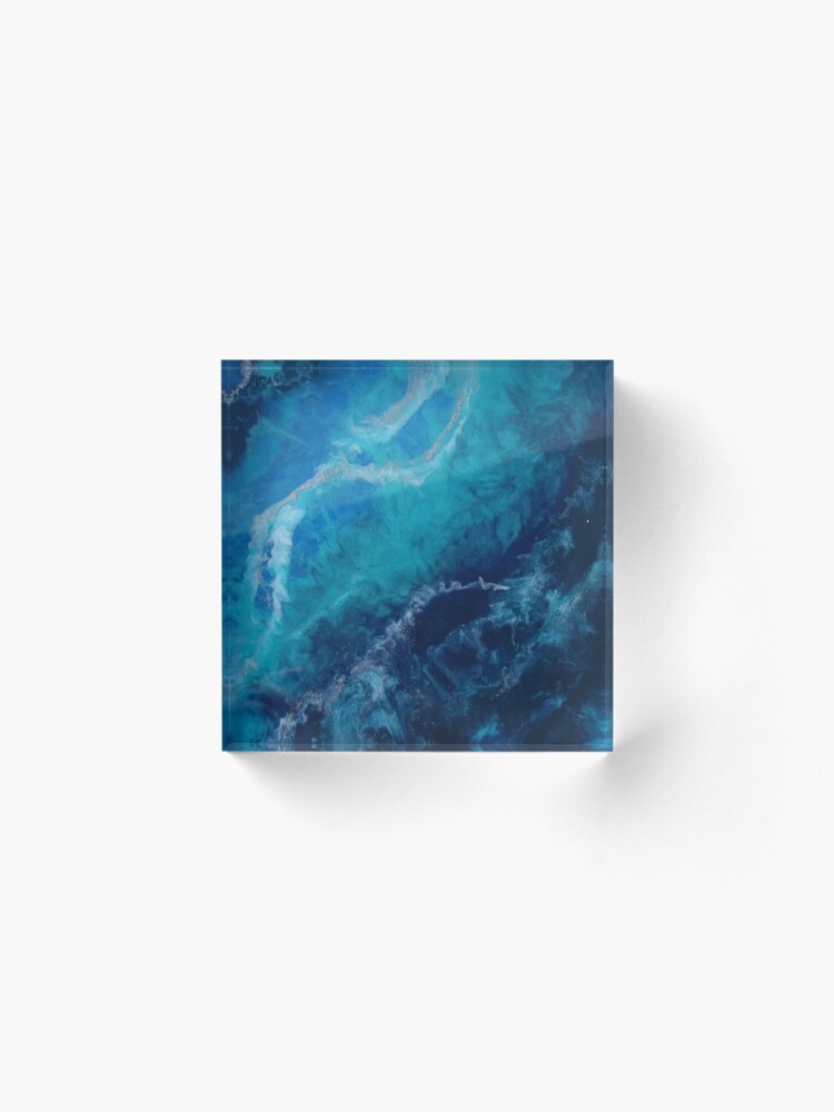 Alternate view of Blue Turquoise and Silver Original Abstract Fluid Art Acrylic Block