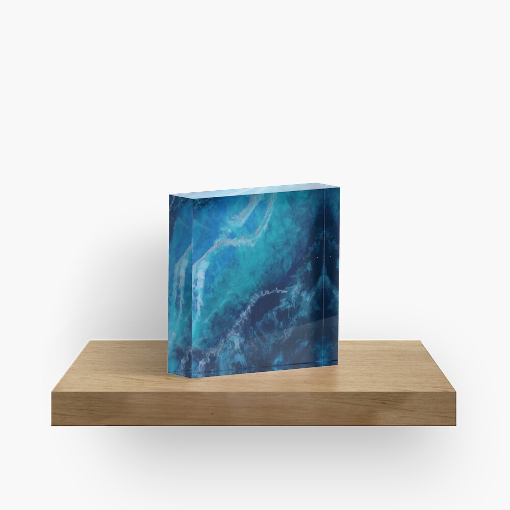 Blue Turquoise and Silver Original Abstract Fluid Art Acrylic Block
