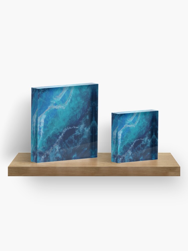 Alternate view of Blue Turquoise and Silver Original Abstract Fluid Art Acrylic Block
