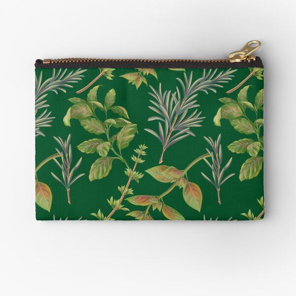 Aromatic herbs: rosemary, oregano, thyme and basil (emerald green background) Zipper Pouch
