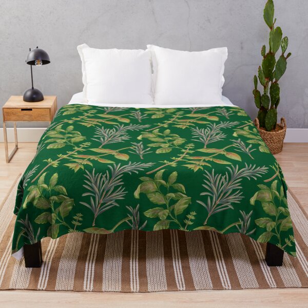 Aromatic herbs: rosemary, oregano, thyme and basil (emerald green background) Throw Blanket