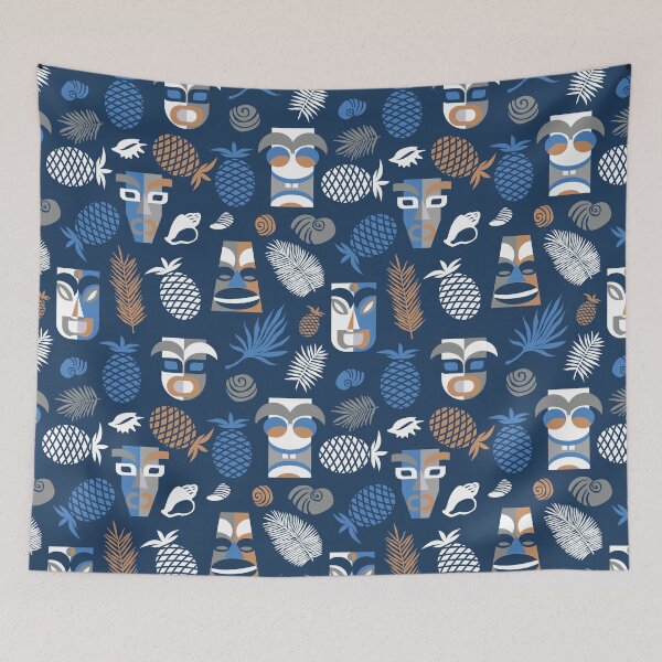 Item preview, tiki masks blue seamless pattern designed and sold by colorofmagic.
