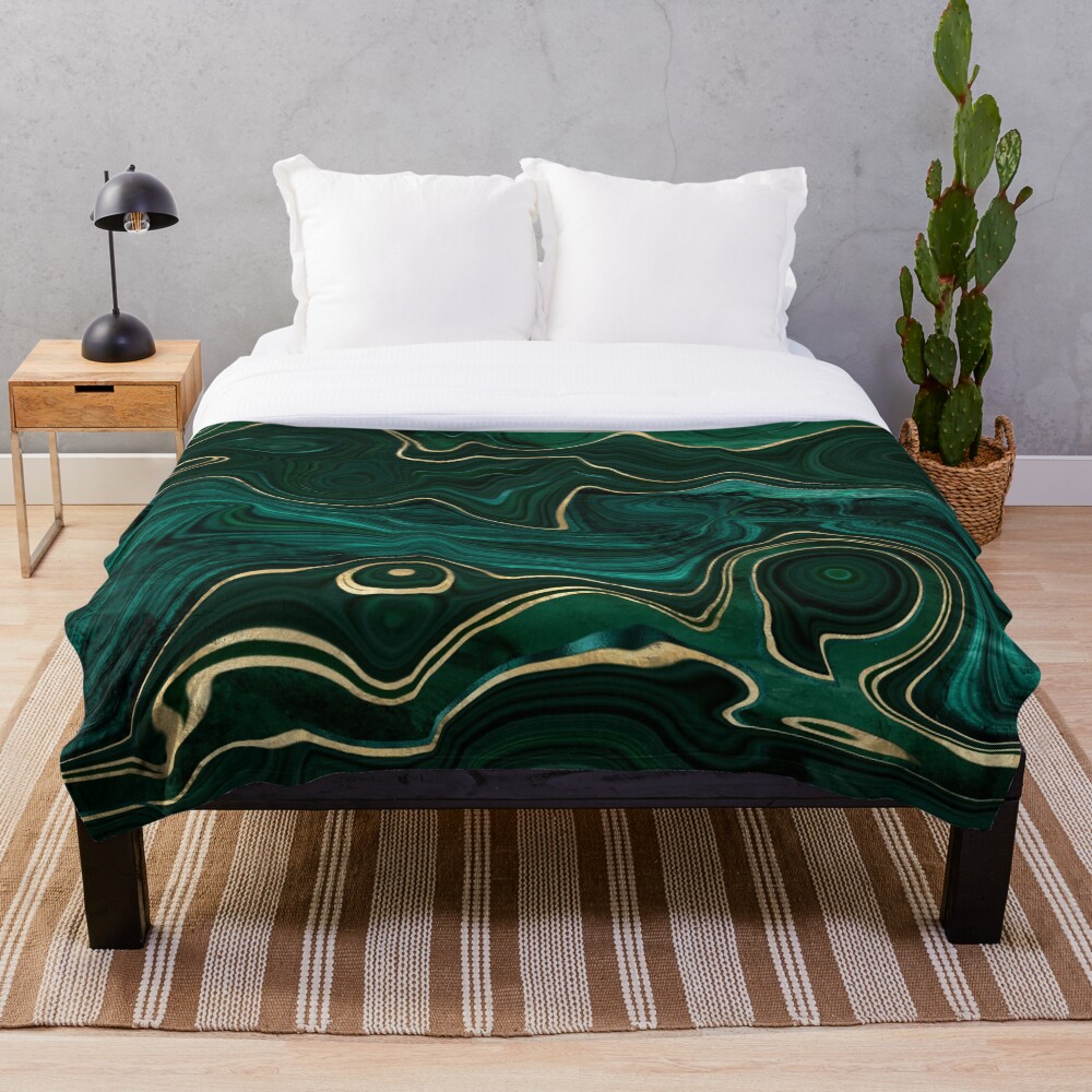 Malachite Marble Texture With Gold Veins I Throw Blanket