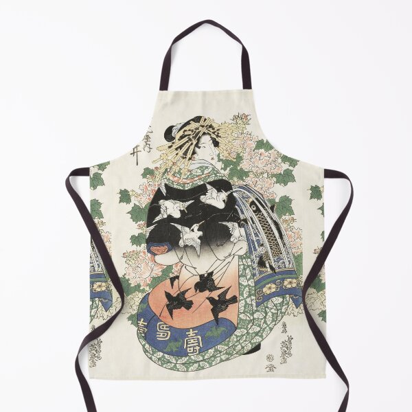 Item preview, GEISHA IN ELEGANT KIMONO WITH CRANES AND CROWS, GREEN LEAVES ,PEAONIES Japanese Woodcut designed and sold by BulganLumini.