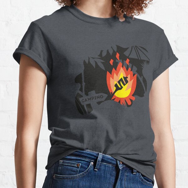 camping campfire grilling sausages or bread in the campfire with a tent in the background Classic T-Shirt