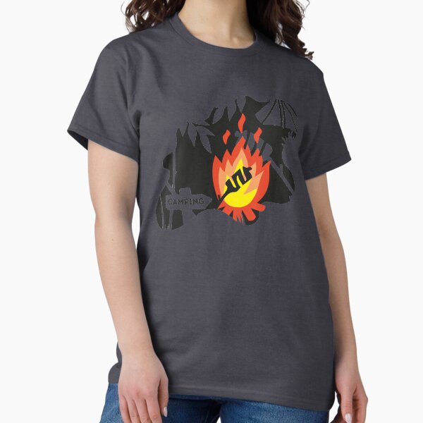 Item preview, camping campfire grilling sausages or bread in the campfire with a tent in the background designed and sold by StudioRenate.