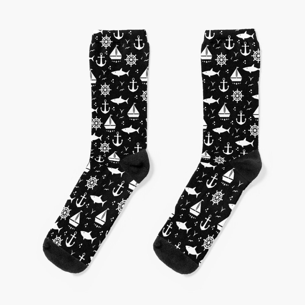 Schwarzweisses Motiv mit Anker, Segelboot, Maritim, nautische Symbole, Maritimes Socken