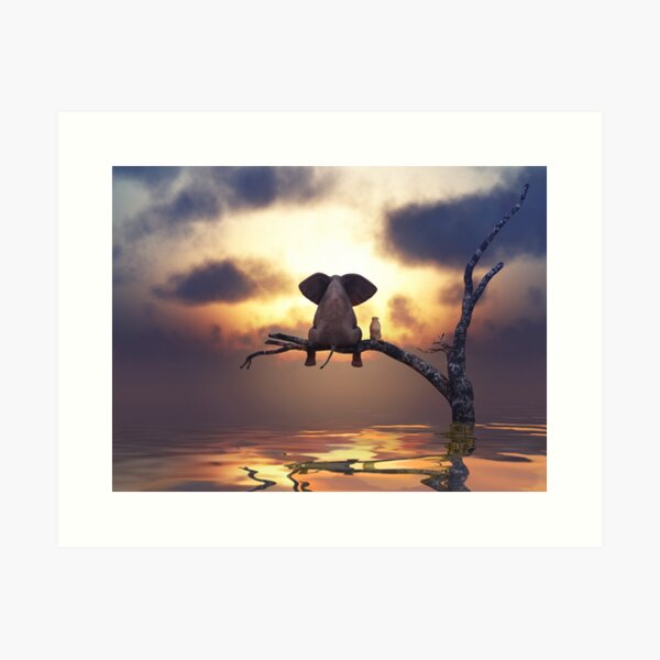 elephant and dog are sitting on a tree fleeing a flood Art Print