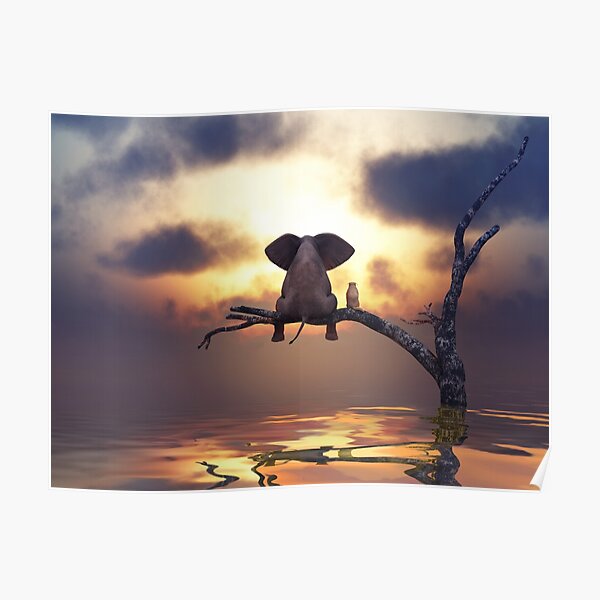 elephant and dog are sitting on a tree fleeing a flood Poster
