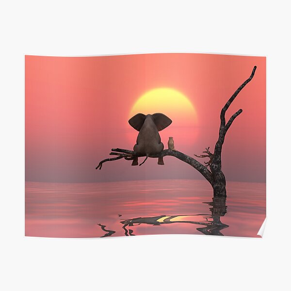 elephant and dog are sitting on a tree Poster