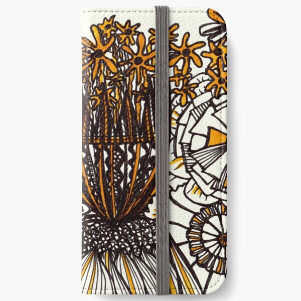 Mustard Black and White Floral linework drawing iPhone Wallet