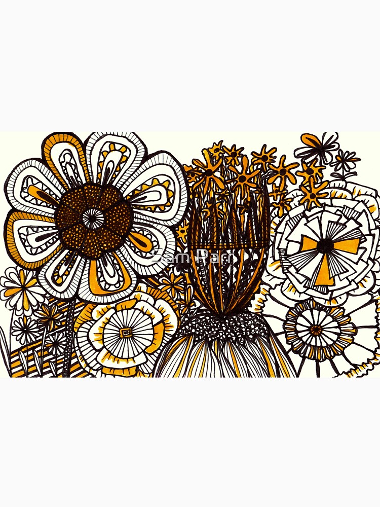 Mustard Black and White Floral linework drawing by SamJane