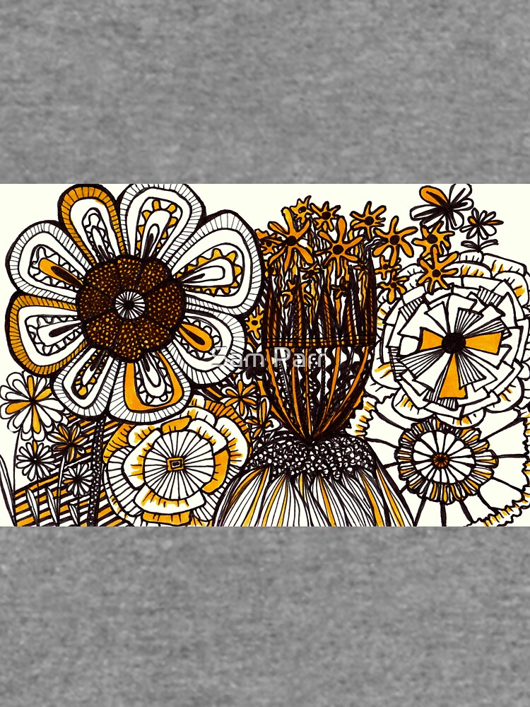 Mustard Black and White Floral linework drawing by SamJane