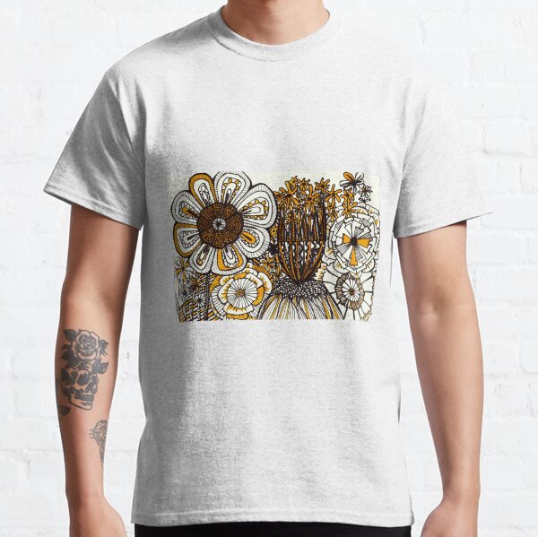 Mustard Black and White Floral linework drawing Classic T-Shirt