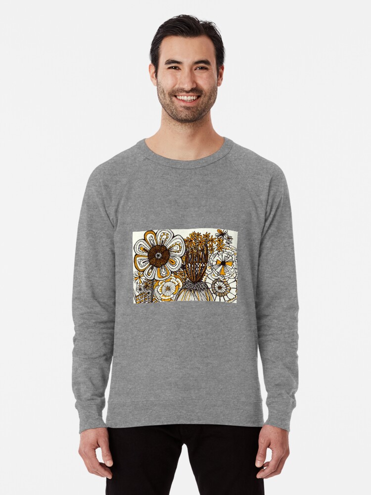 Alternate view of Mustard Black and White Floral linework drawing Lightweight Sweatshirt