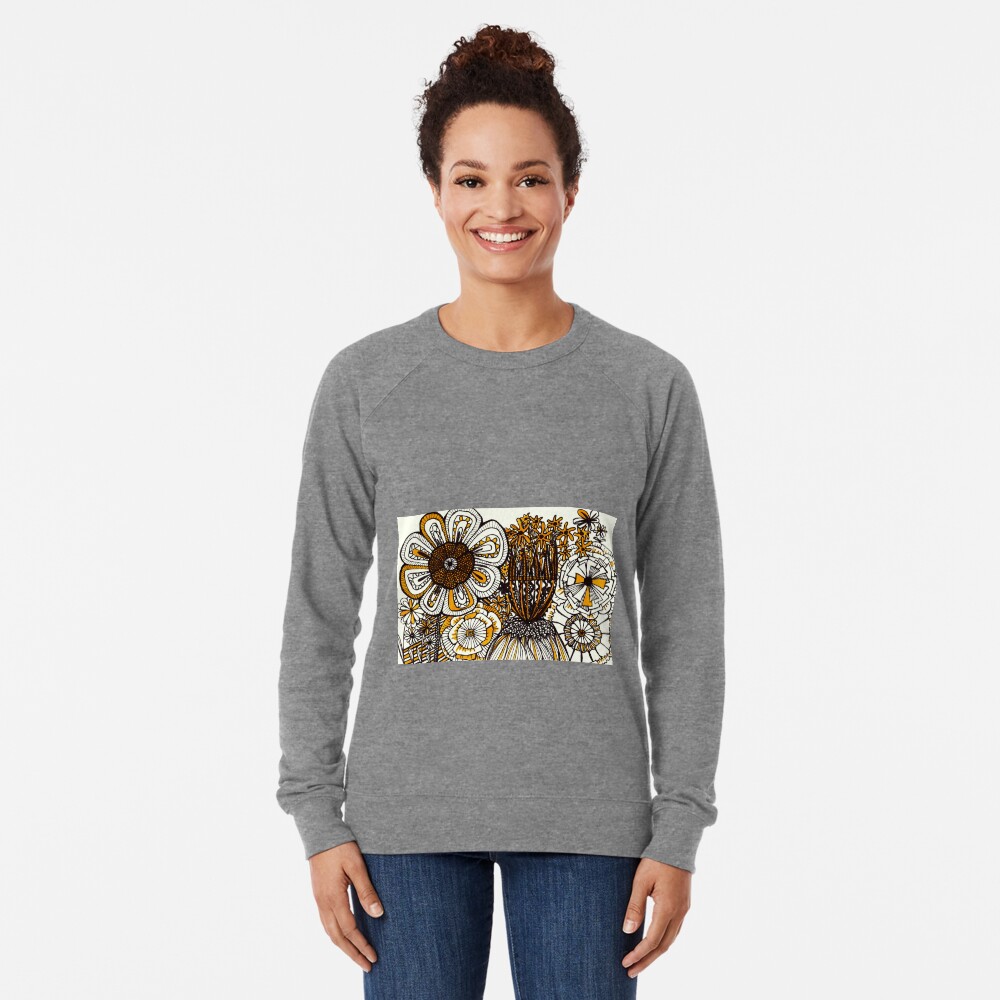 Mustard Black and White Floral linework drawing Lightweight Sweatshirt