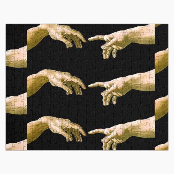 Touch of God, The Creation of Adam, (close up), Michelangelo, 1510, Genesis, Ceiling, Sistine Chapel, Rome, on BLACK. Jigsaw Puzzle