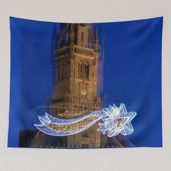 Item preview, Abstract image of Belfry of Bruges with Christmas decoration designed and sold by lena-maximova.