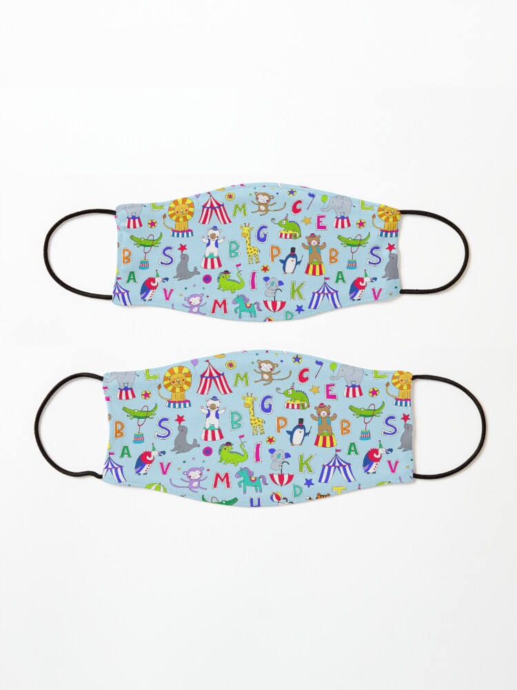 Alternate view of Circus Animal Alphabet - multicoloured on sky blue - Cute animal pattern by Cecca Designs Mask