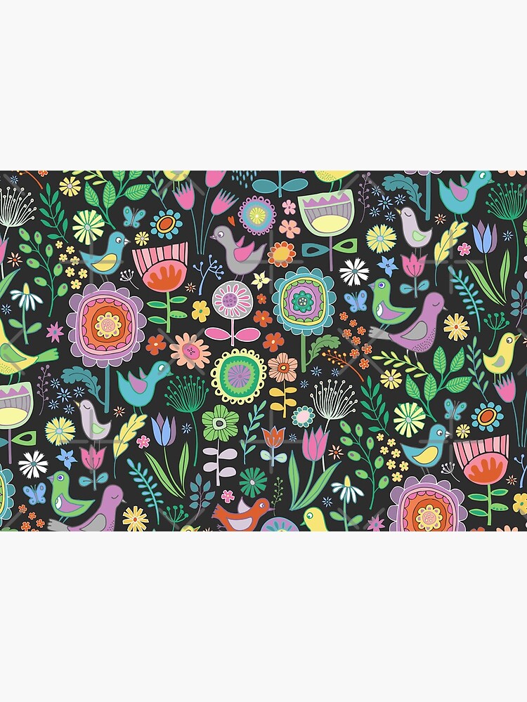 Birds and blooms - pastels on black - pretty floral bird pattern by Cecca Designs by Cecca-Designs