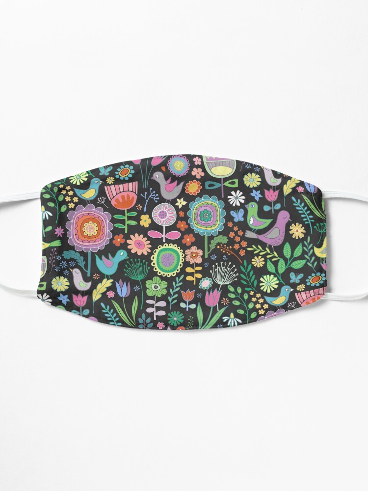 Alternate view of Birds and blooms - pastels on black - pretty floral bird pattern by Cecca Designs Mask