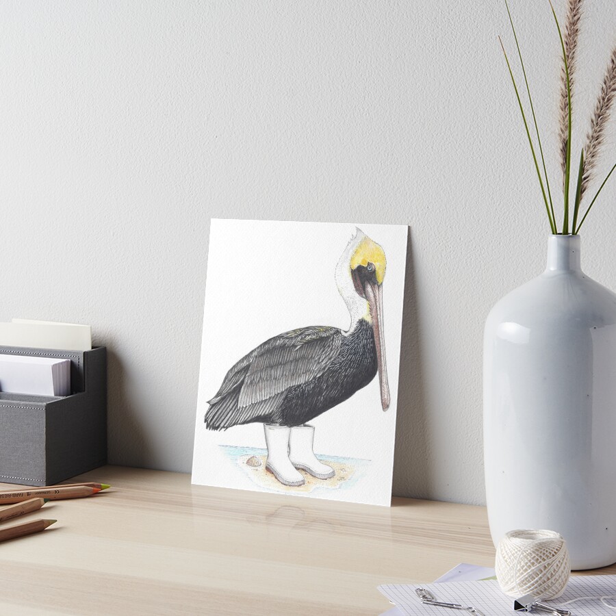 pelican in shrimper boots Art Board Print