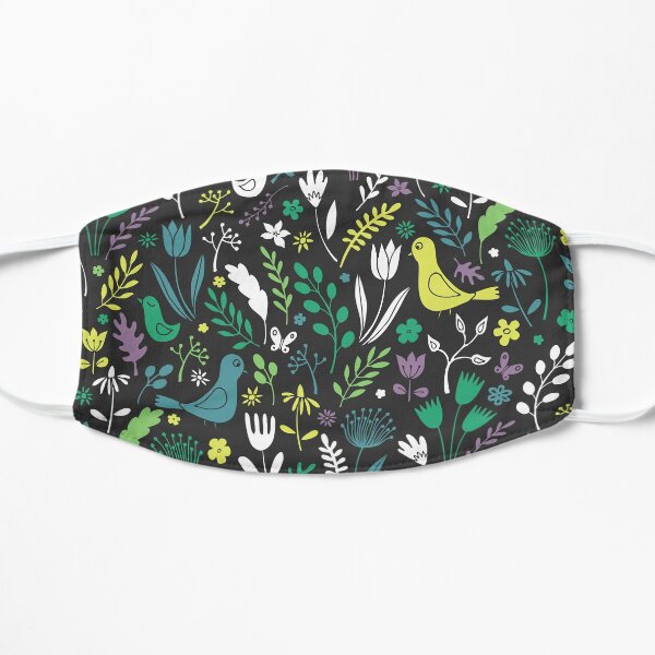 Paper-cut meadow - teal, lemon and green on charcoal - pretty floral bird pattern by Cecca Designs Flat Mask