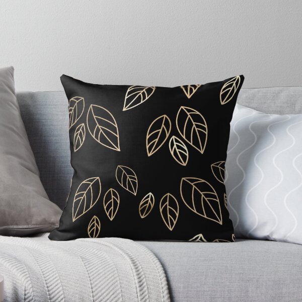 Gold leaves on black background Throw Pillow