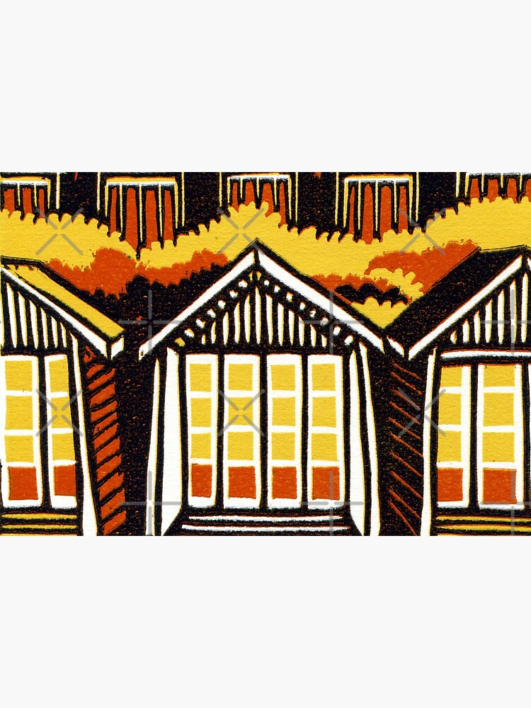 Beach Huts - Summer - Original Linocut by Francesca Whetnall by Cecca-Designs