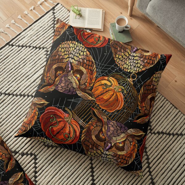 Embroidery owls and pumpkin Floor Pillow