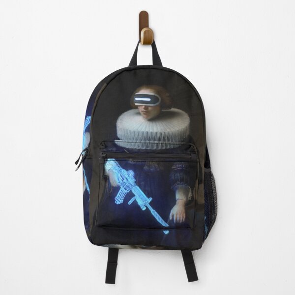 Item preview, The Trooper Woman - Retrofuture Woman with Hologram Gun VR Metaverse Goggles Dark Academia Classical Art Baroque Neo Realism Neon Light Retro Futurism | Reusable Facemask | Wall Art | Painting designed and sold by Any Color Designs.