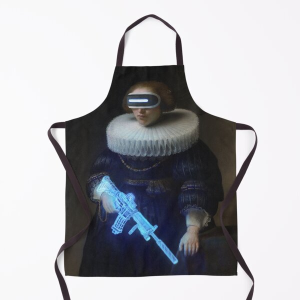 Item preview, The Trooper Woman - Retrofuture Woman with Hologram Gun VR Metaverse Goggles Dark Academia Classical Art Baroque Neo Realism Neon Light Retro Futurism | Reusable Facemask | Wall Art | Painting designed and sold by Any Color Designs.