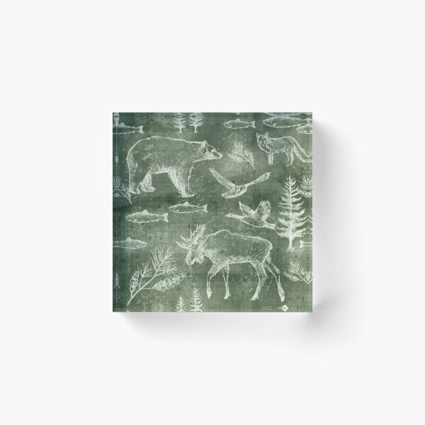Item preview, Sketched Rustic Mountain Animals, Distressed Slate, Bear, Moose, Fish, Pine Trees, Birds, Fox Forest Green designed and sold by KimMarshall.