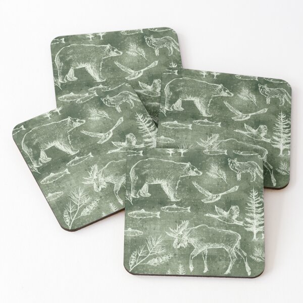 Item preview, Sketched Rustic Mountain Animals, Distressed Slate, Bear, Moose, Fish, Pine Trees, Birds, Fox Forest Green designed and sold by KimMarshall.