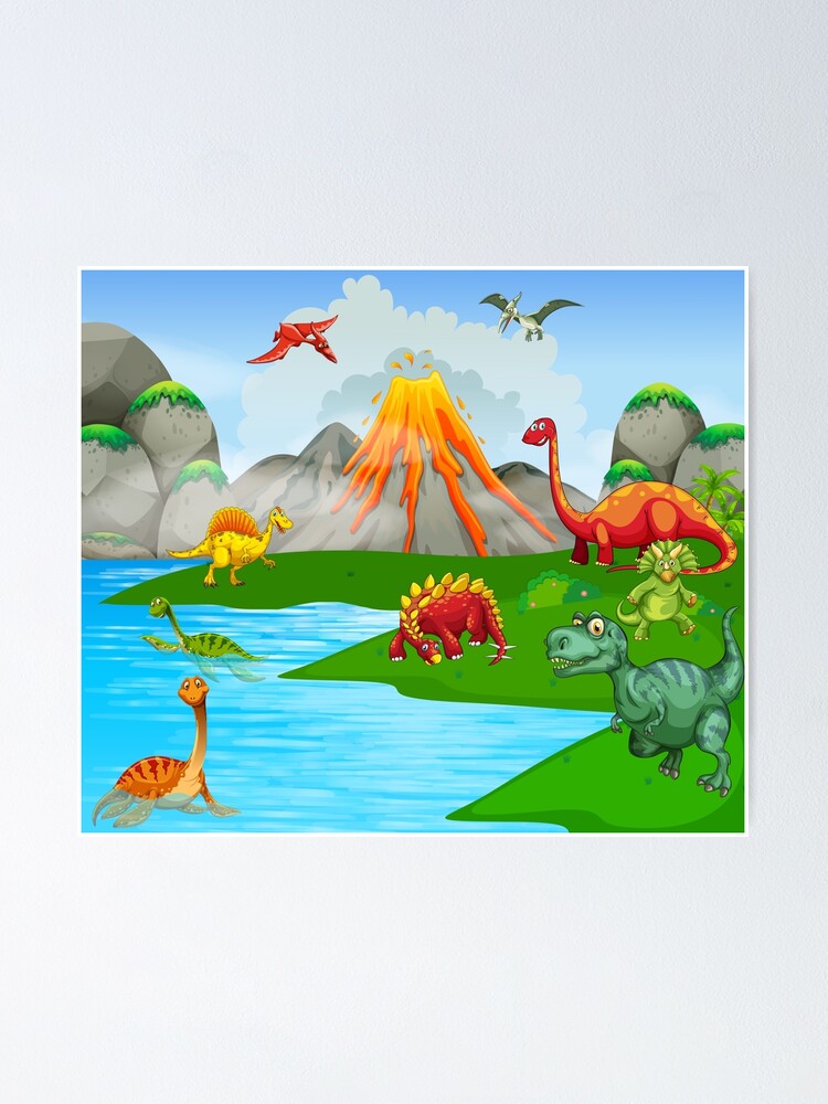 Realistic Happy Cartoon Dinosaur Near the Mountains · Creative Fabrica