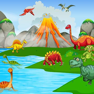 Realistic Happy Cartoon Dinosaur Near the Mountains · Creative Fabrica